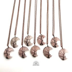 Rose Quartz - Wire Wrapped Moon Shaped Red Copper